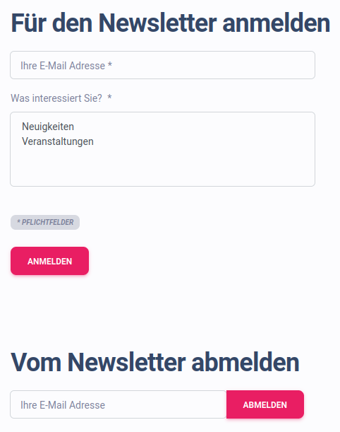 Screenshot of the newsletter registration form